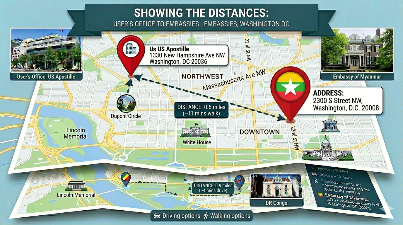 Map of Myanmar Embassy Legalization Services in Washington D.C.